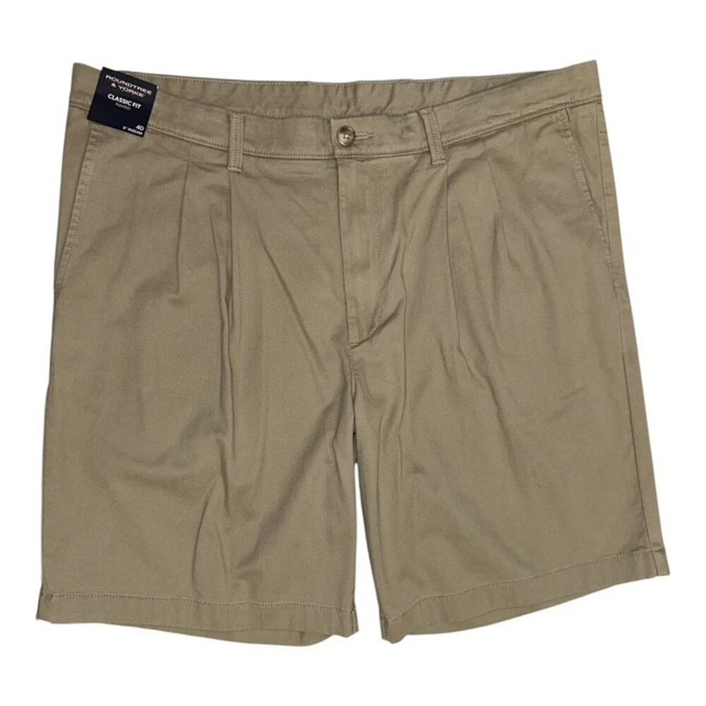 Roundtree & Yorke 40x9 Shorts 40 Waist Khaki Beige Classic Fit Pleats Soft Cloud